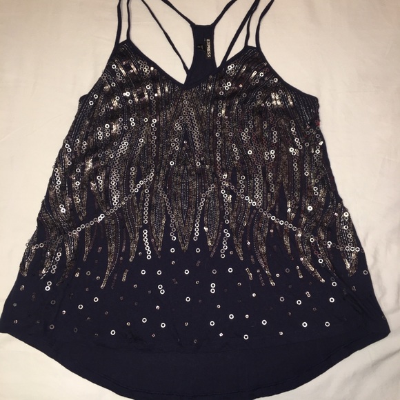 Express Tops - Express medium dark blue tank with sequin design
